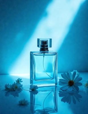 The primary subject of the image is a bottle of perfume, which is placed on a table. The setting is a blue background, which adds a calming and serene atmosphere to the scene. The visual style is a photo, capturing the details of the bottle and its surroundings. The colors in the image are predominantly blue, which contributes to the overall mood of the scene.